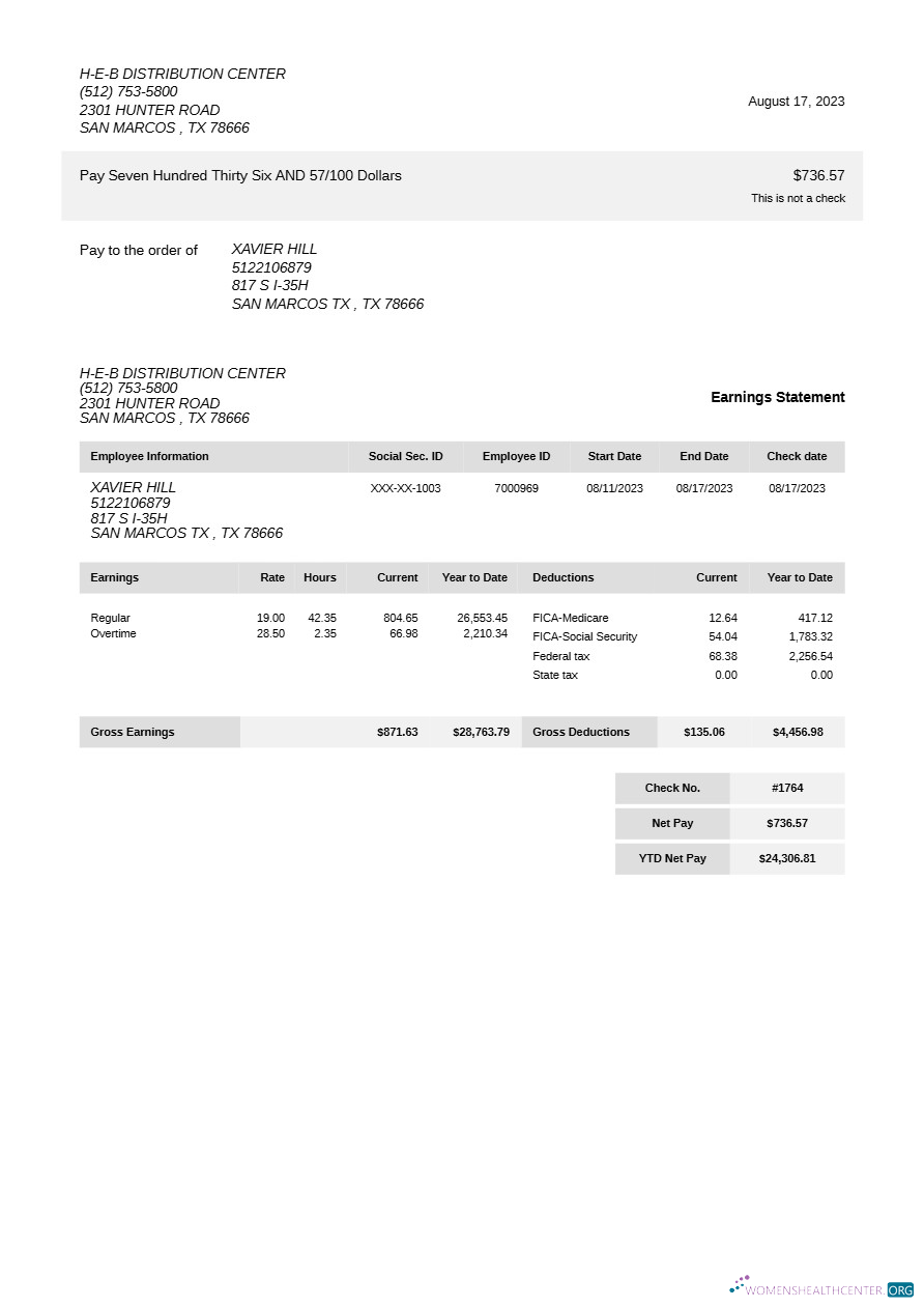 Download H E B Distribution Center earning statement template in Word and PDF formats.pdf, 3 Photoshop template